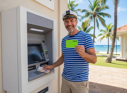 Cruiser using Wise card at tropical beachside ATM
